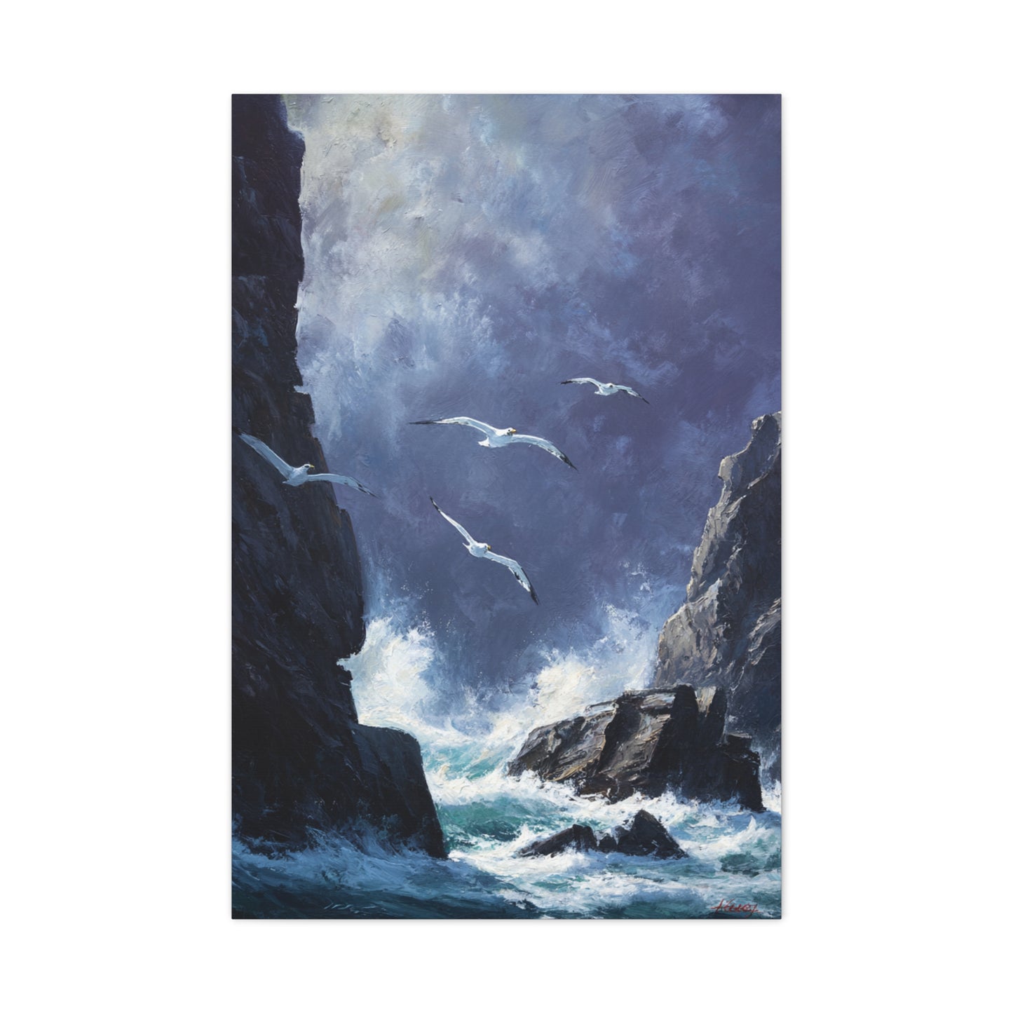 Seagulls Flying Above Crashing Coastal Waves Wall Art & Canvas Print