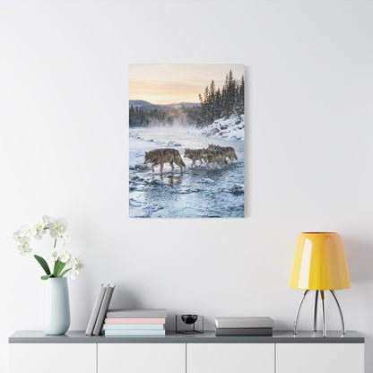 Winter River Wolf Pack Crossing Scene Wall Art & Canvas Print