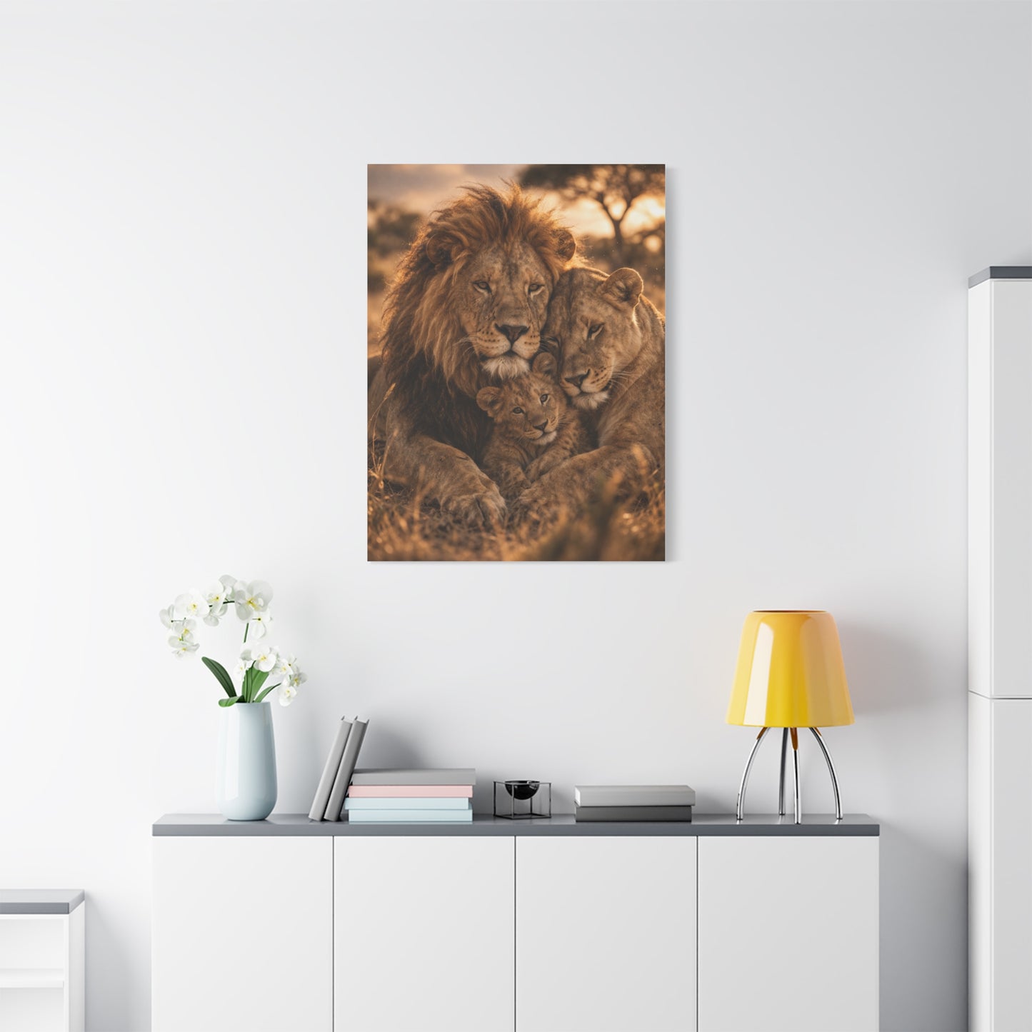 Lion Family Embrace Golden Bond Wall Art & Canvas Print