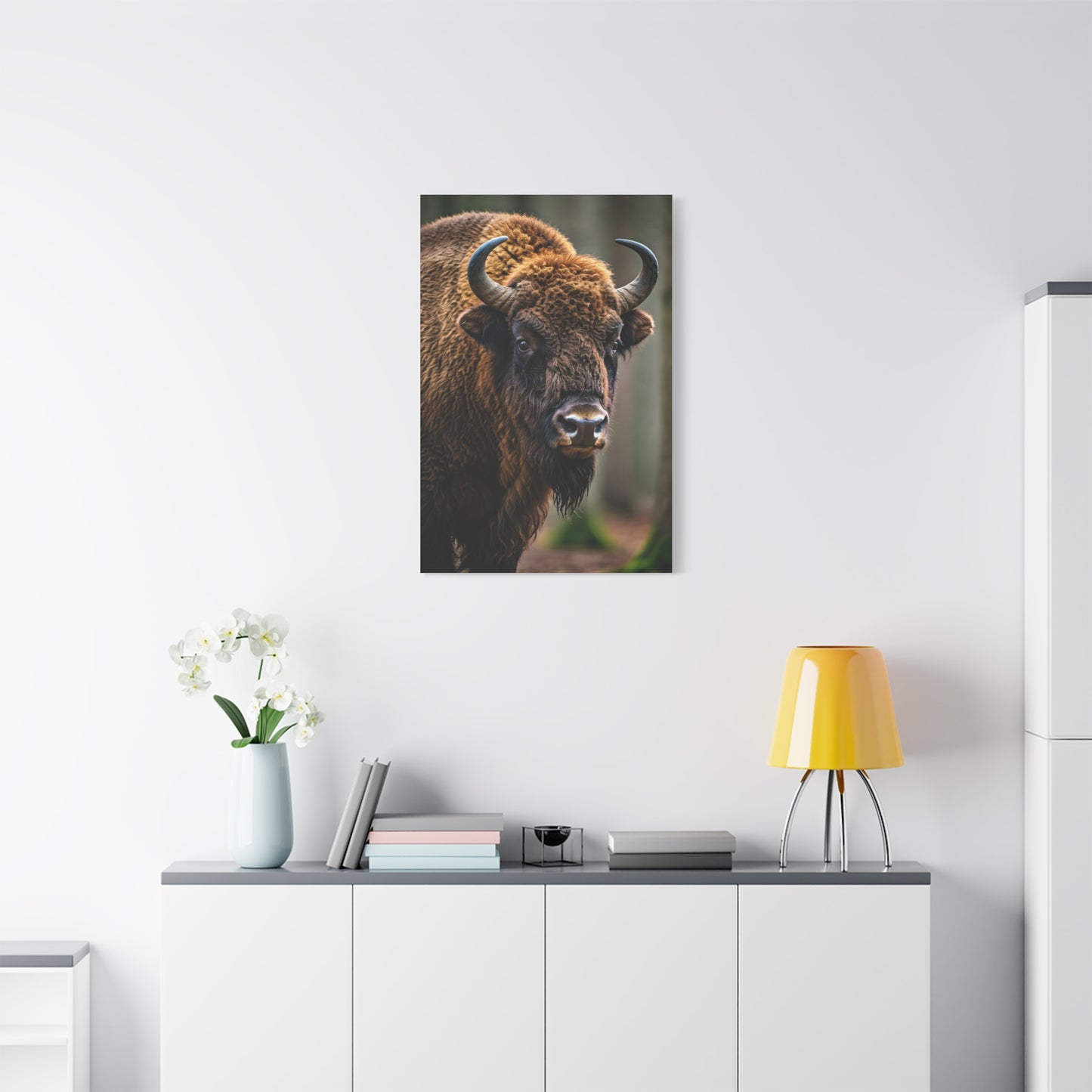Wood Bison Close-Up with Soft Forest Backdrop Wall Art & Canvas Print