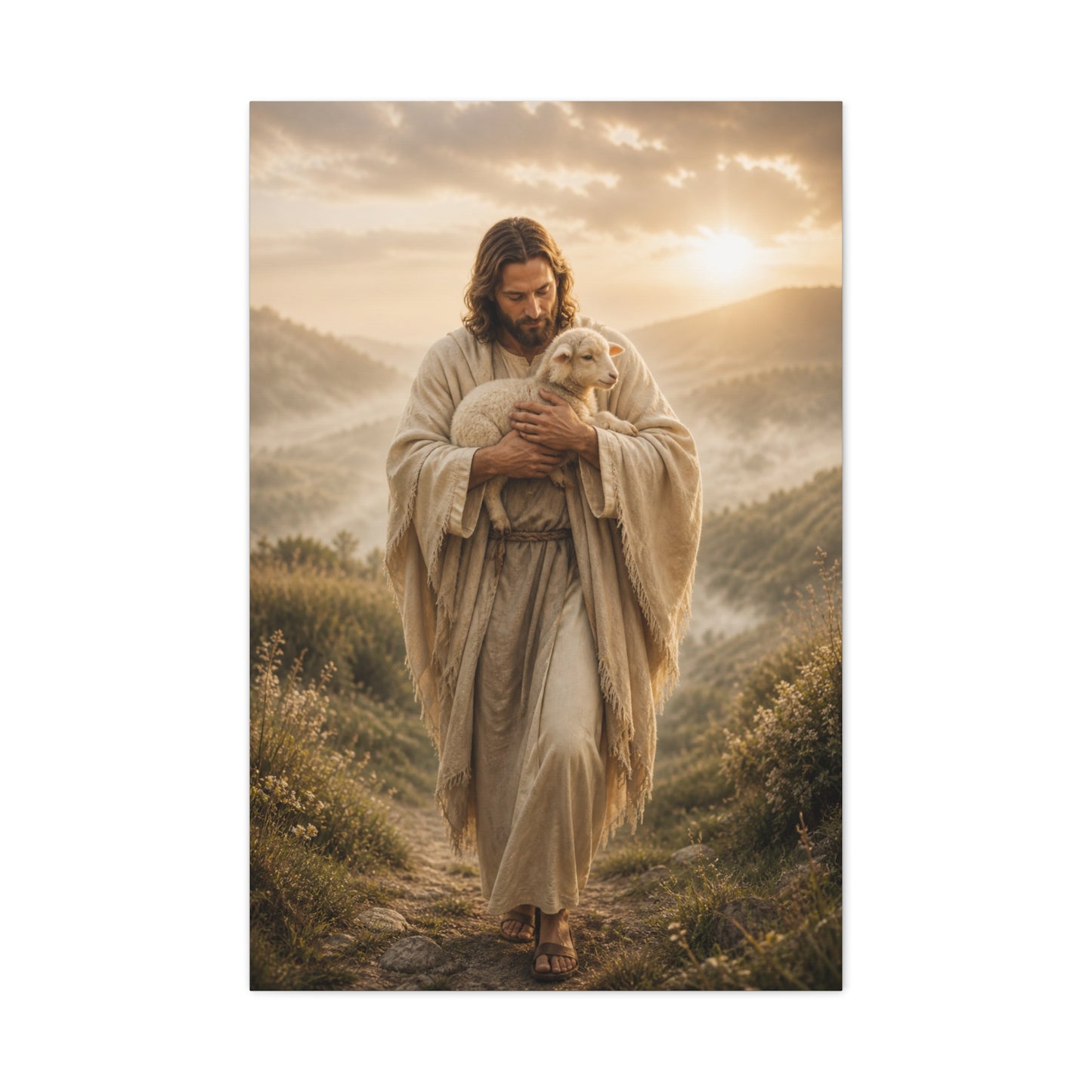 The Good Shepherd Walking with Lamb Wall Art & Canvas Print