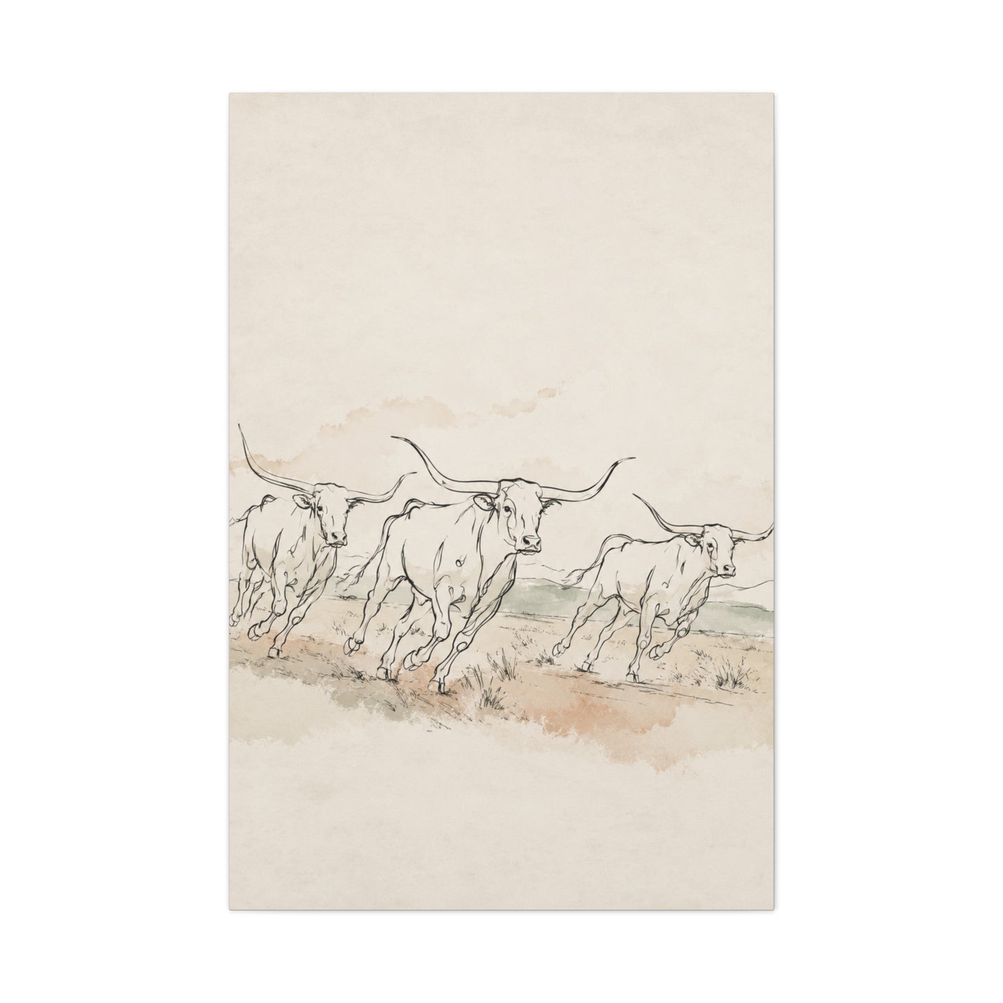 Running Longhorn Line Sketch Panorama Wall Art & Canvas Print