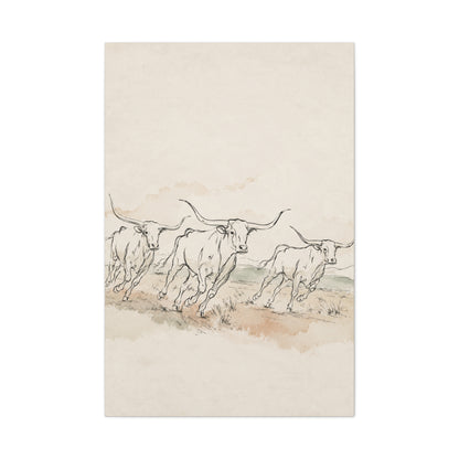 Running Longhorn Line Sketch Panorama Wall Art & Canvas Print