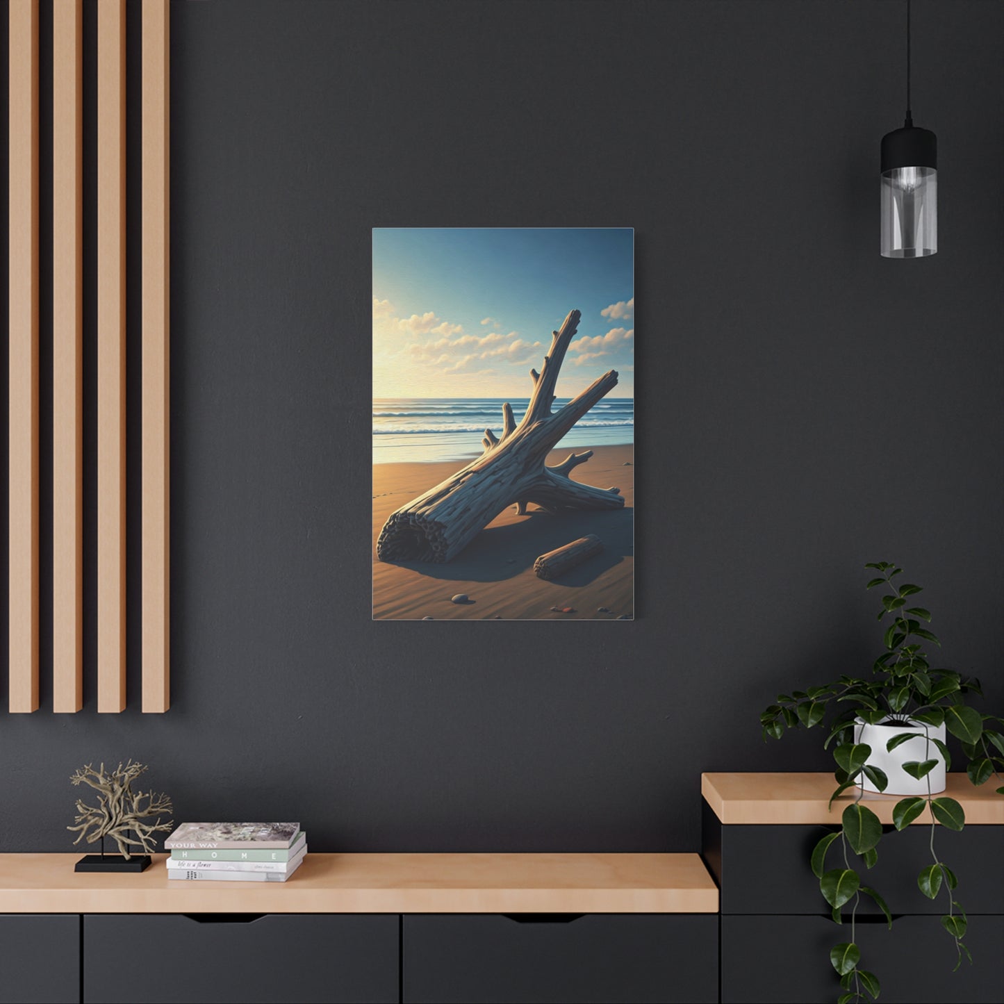 Driftwood Sculpture on Golden Beach Wall Art & Canvas Prints