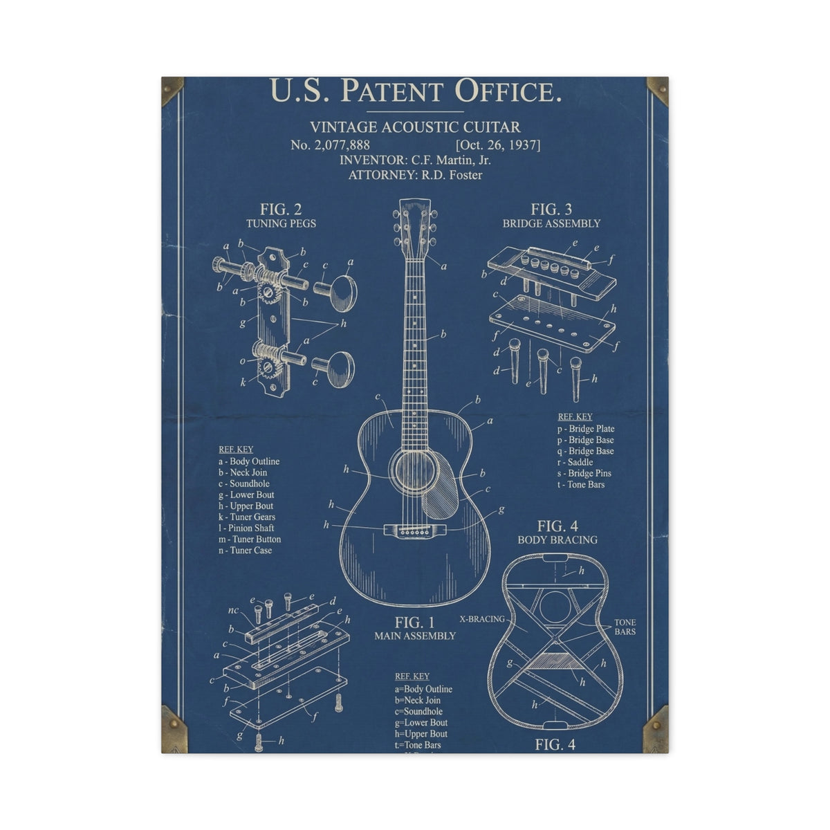 Vintage Acoustic Guitar Patent Blueprint Wall Art & Canvas Print