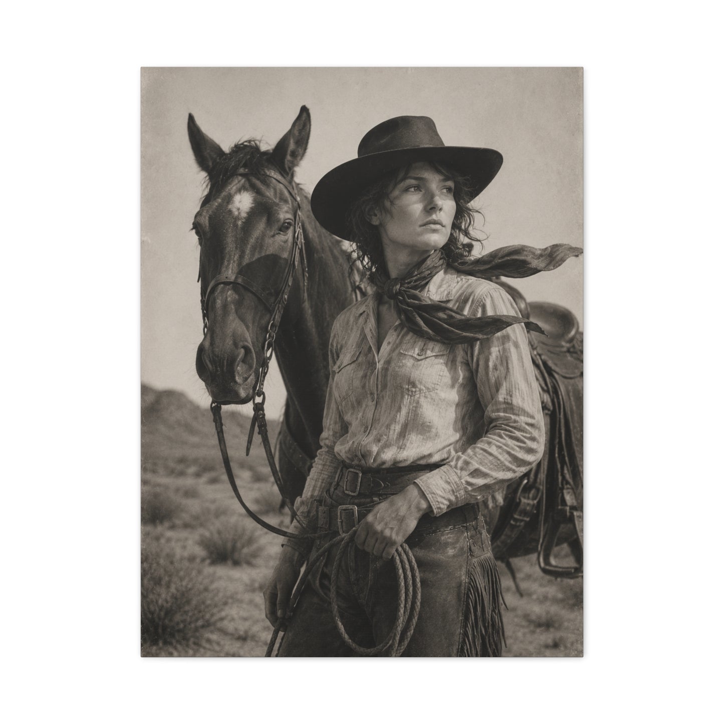 Black & White Cowgirl Portrait with Horse Wall Art & Canvas Print