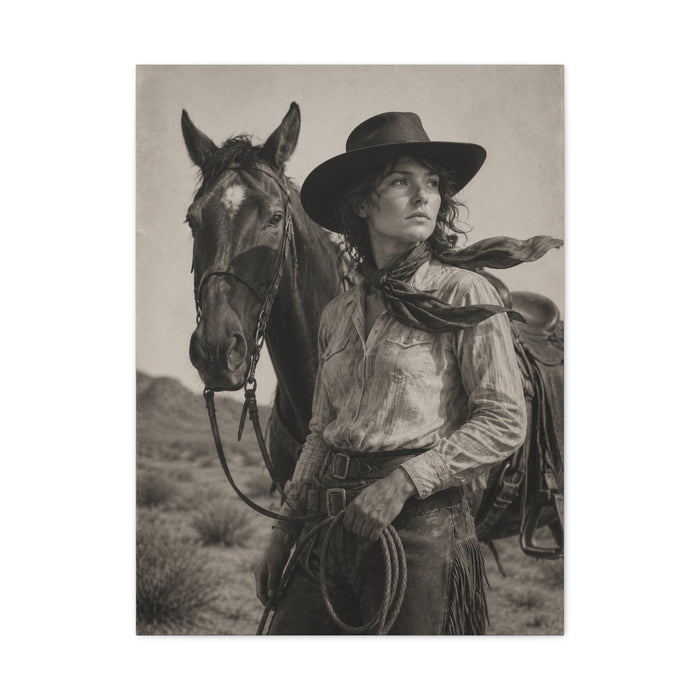 Black & White Cowgirl Portrait with Horse Wall Art & Canvas Print