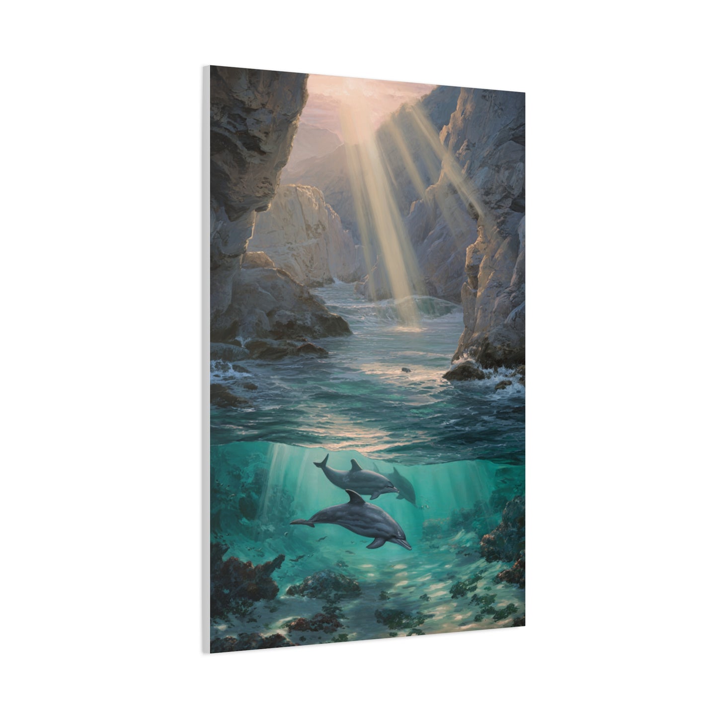 Dolphins Swimming Beneath Sunlit Coastal Waters Wall Art & Canvas Print