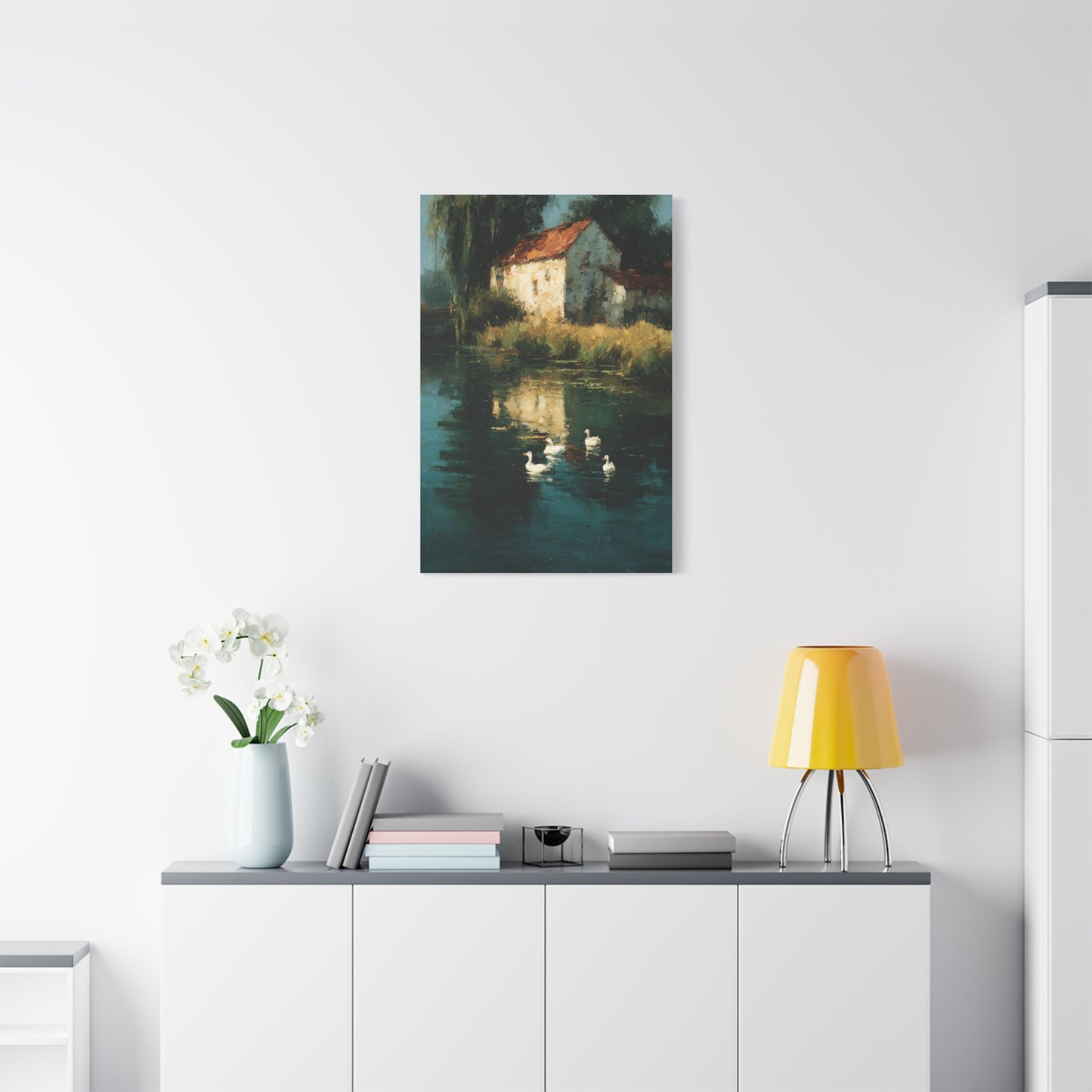 Farmhouse Pond with Ducks Reflection Wall Art & Canvas Print