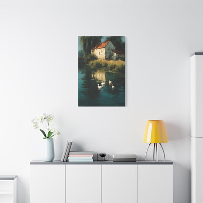 Farmhouse Pond with Ducks Reflection Wall Art & Canvas Print
