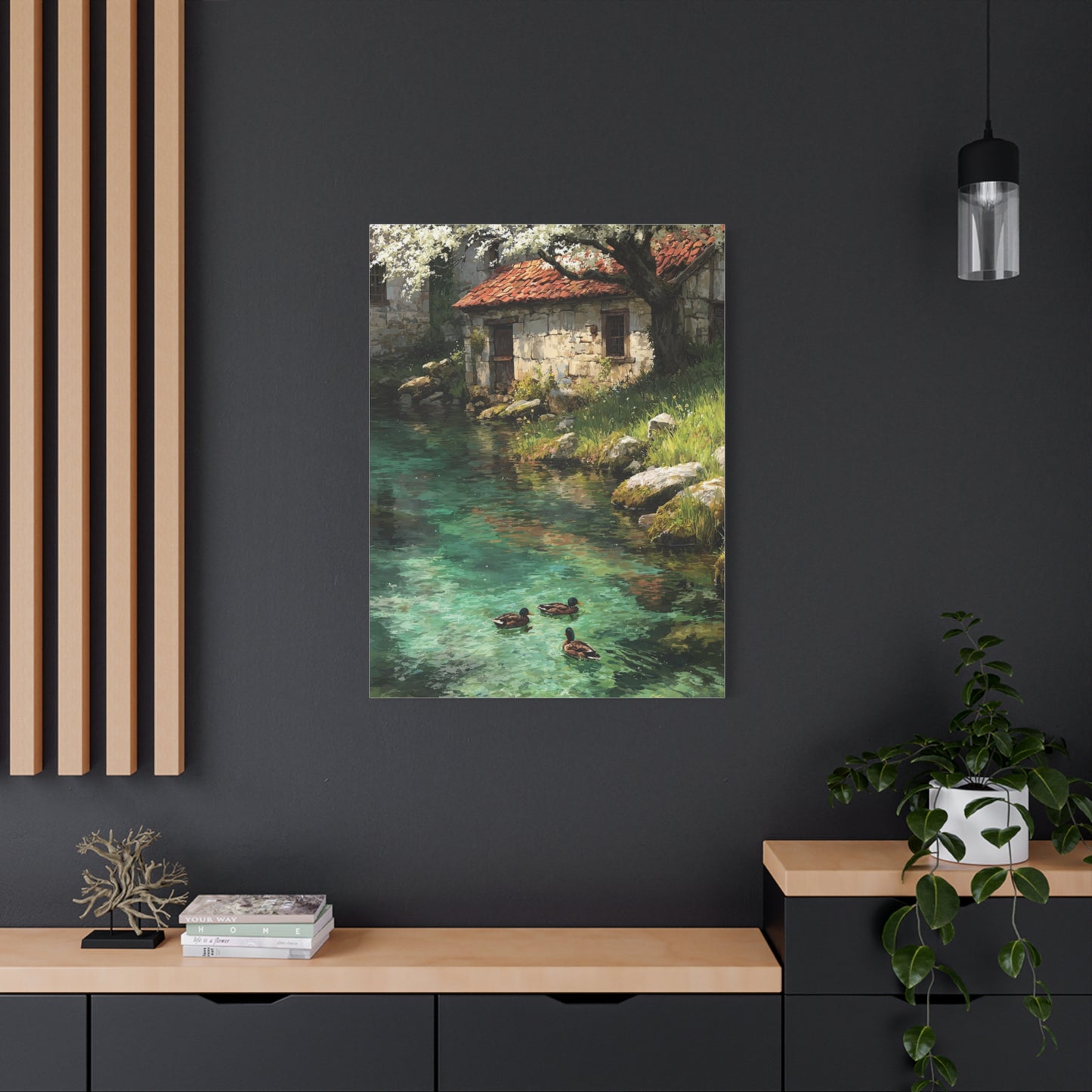 Spring Farmhouse Stream Scene Wall Art & Canvas Print