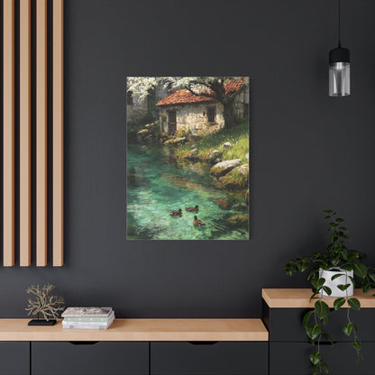 Spring Farmhouse Stream Scene Wall Art & Canvas Print