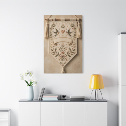Hand-Embroidered Romantic Birds Textile Wall Art & Canvas Print
