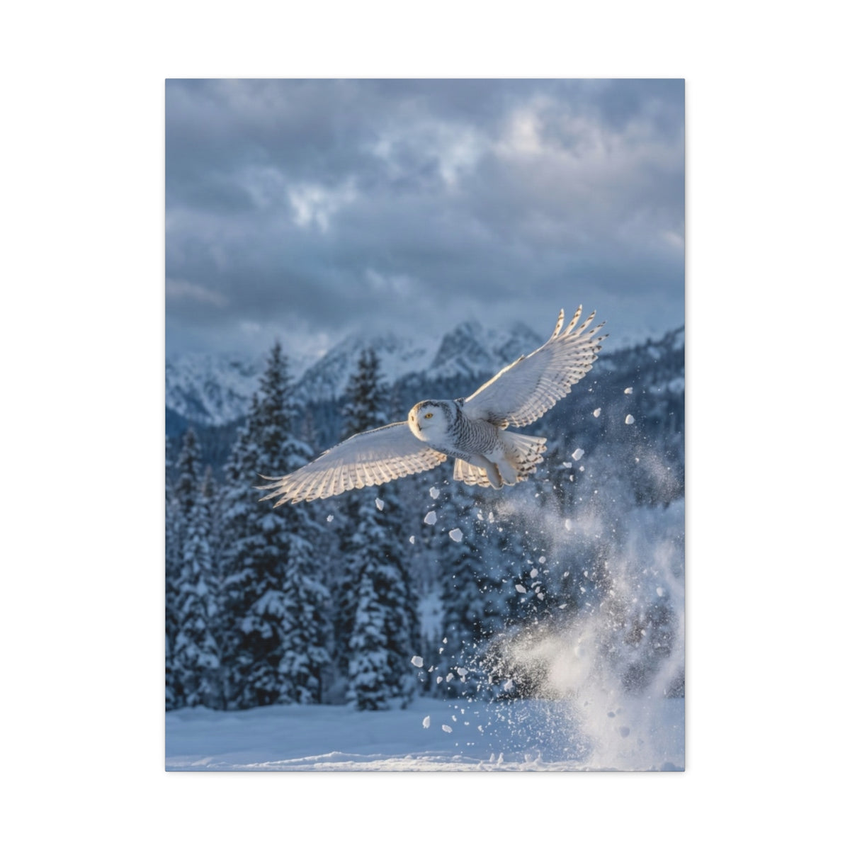 Snowy Owl Mountain Flight Wall Art & Canvas Print