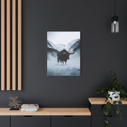 Lone Bull in Snowy Mountain Valley Wall Art & Canvas Print