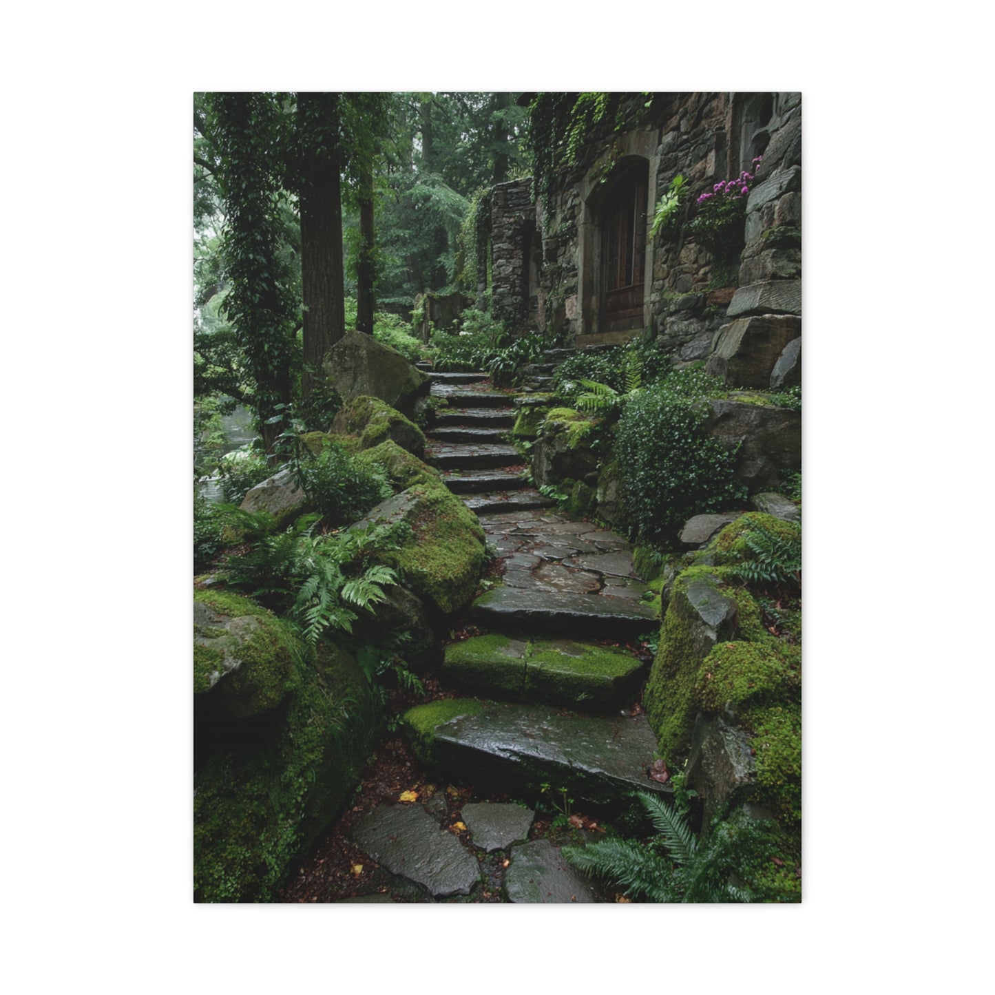 Green Moss-Covered Garden Staircase Wall Art & Canvas Print
