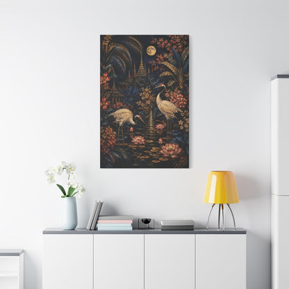 Moonlit Tropical Chinoiserie Crane Garden Tropical Wall Art & Canvas Print