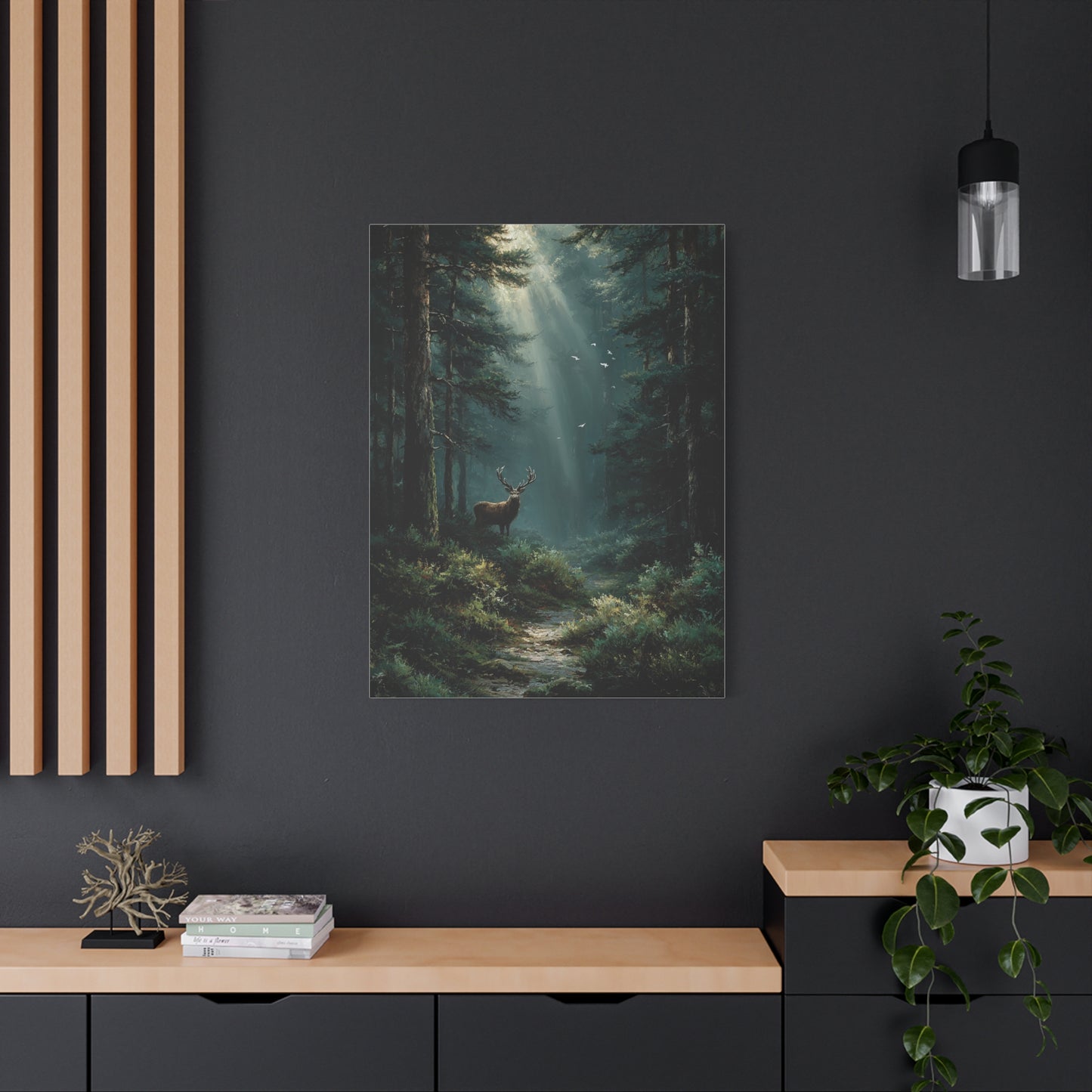 Sunlit Evergreen Forest Stag Wall Art & Canvas Print