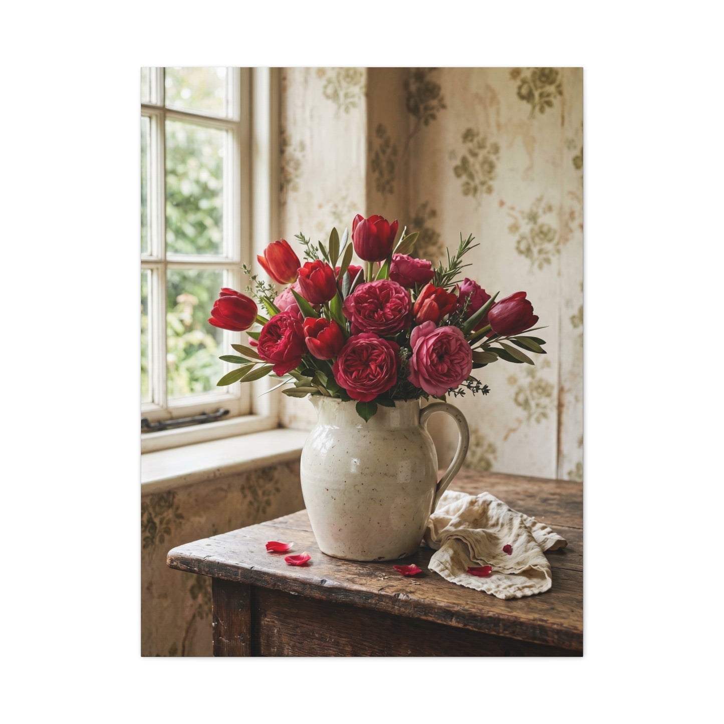 English Cottage Red Tulip Still Life Wall Art & Canvas Print