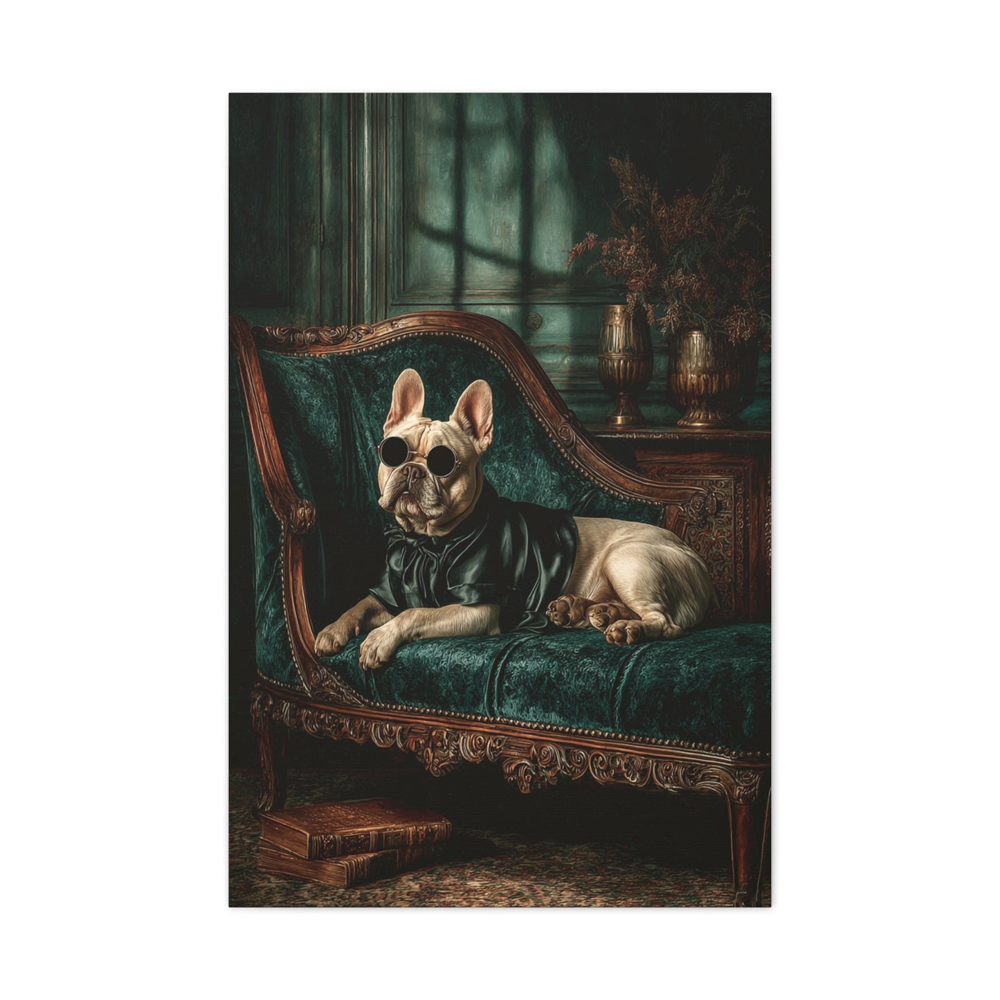 French Bulldog on Emerald Velvet Chaise Wall Art & Canvas Print