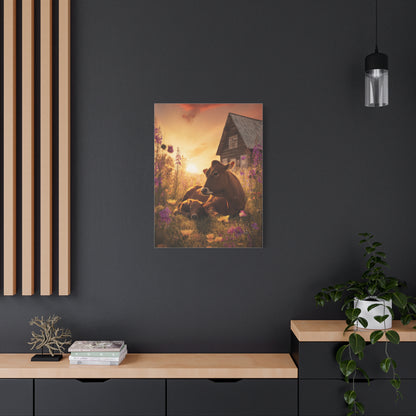 Sunset Farm Meadow Cow and Calf Wall Art & Canvas Print
