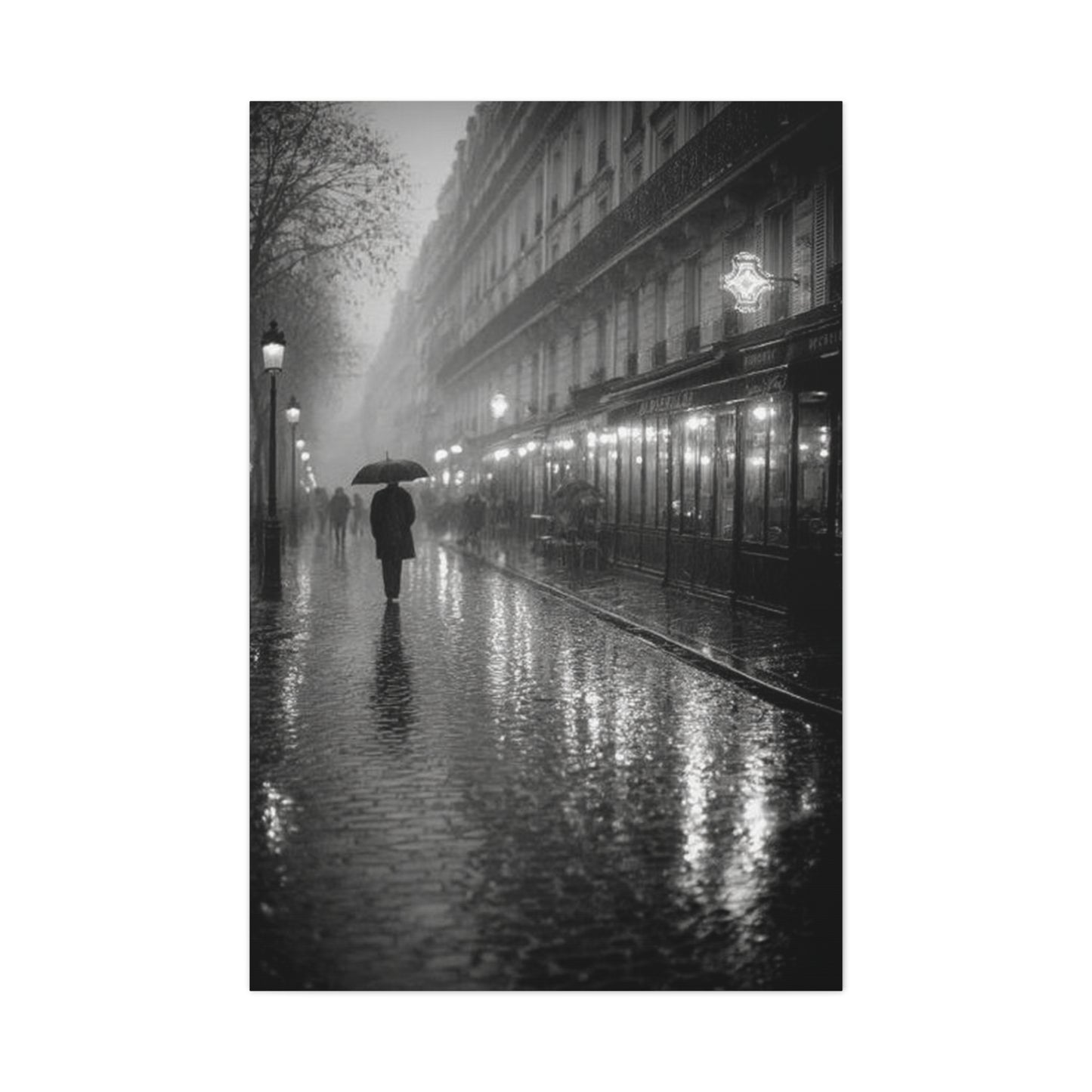 Rainy Paris Street Monochrome Wall Art & Canvas Print
