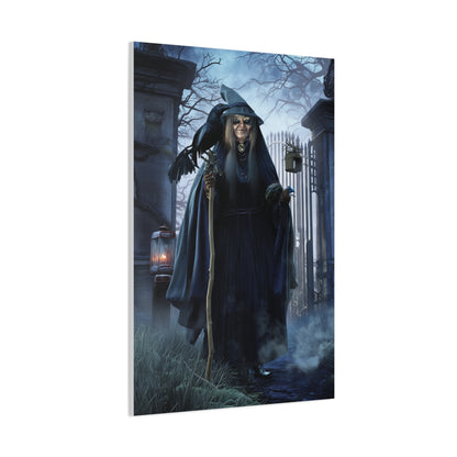 Witch with Raven at the Moonlit Cemetery Gate Wall Art & Canvas Print