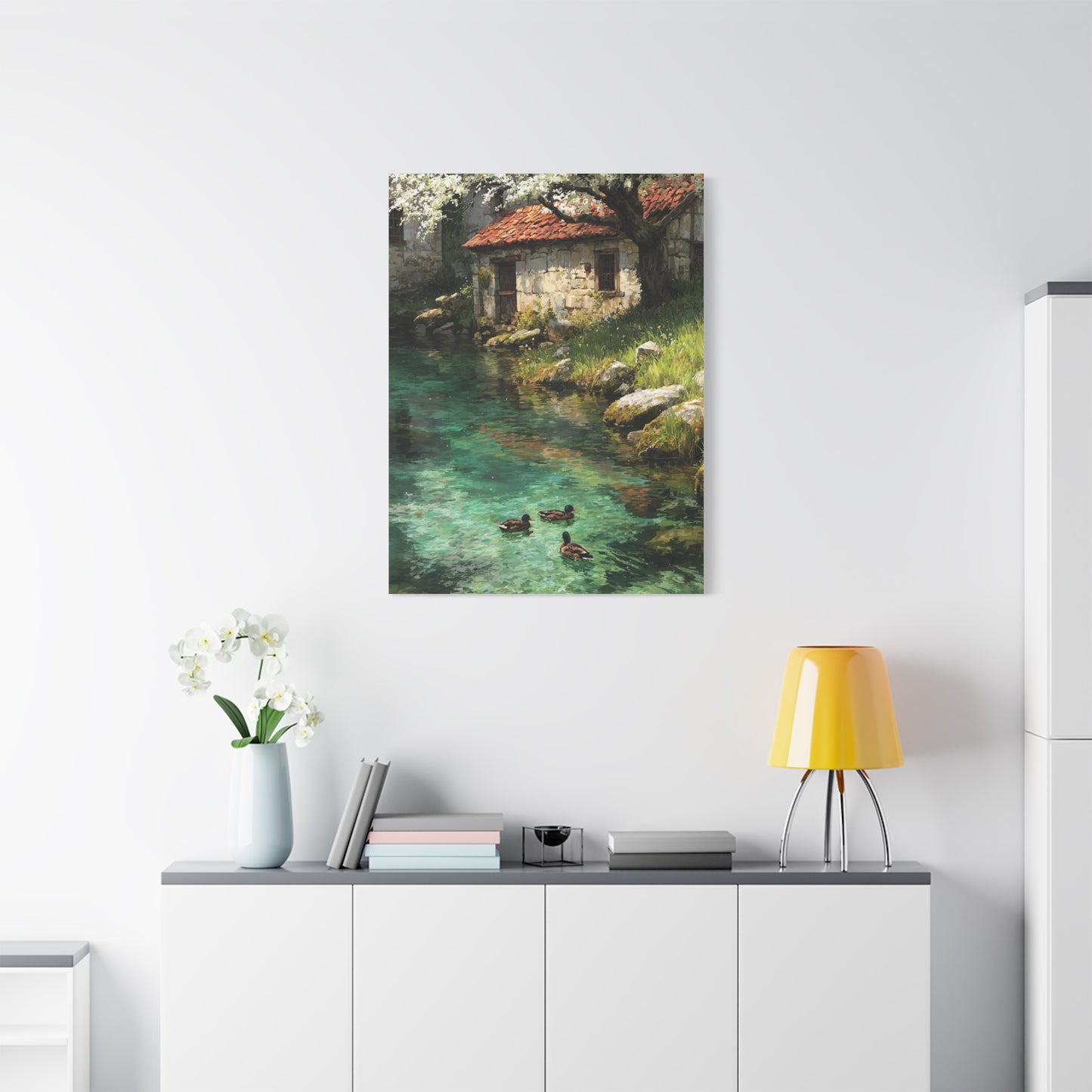 Spring Farmhouse Stream Scene Wall Art & Canvas Print