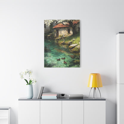 Spring Farmhouse Stream Scene Wall Art & Canvas Print