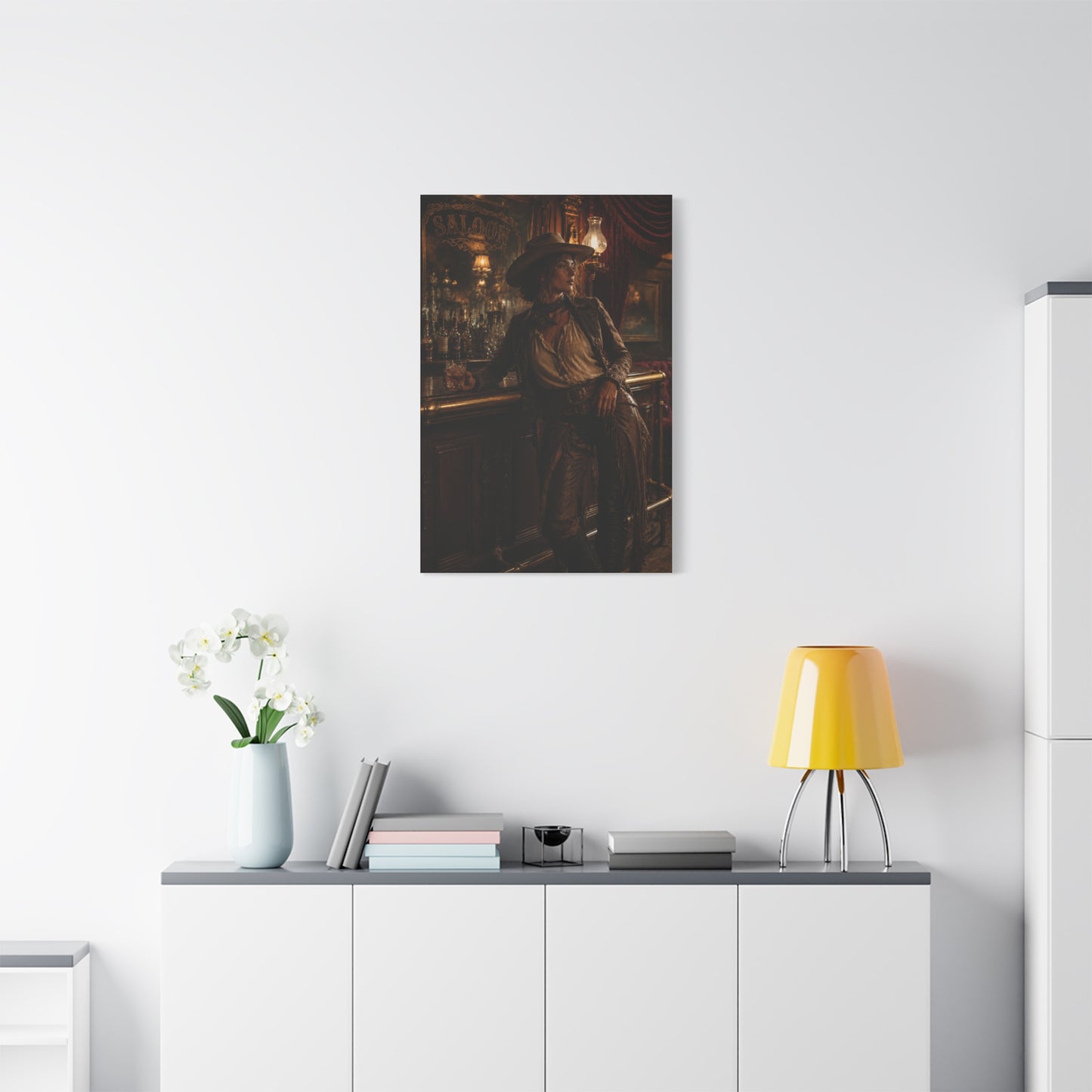 Saloon Cowgirl Cinematic Bar Scene Wall Art & Canvas Print