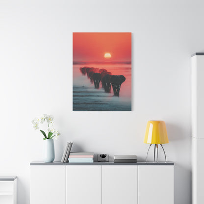 Elephant Herd Sunset Journey Wall Art & Canvas Print