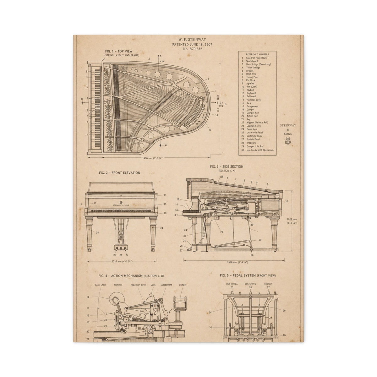 Steinway Grand Piano Technical Diagram Wall Art & Canvas Print