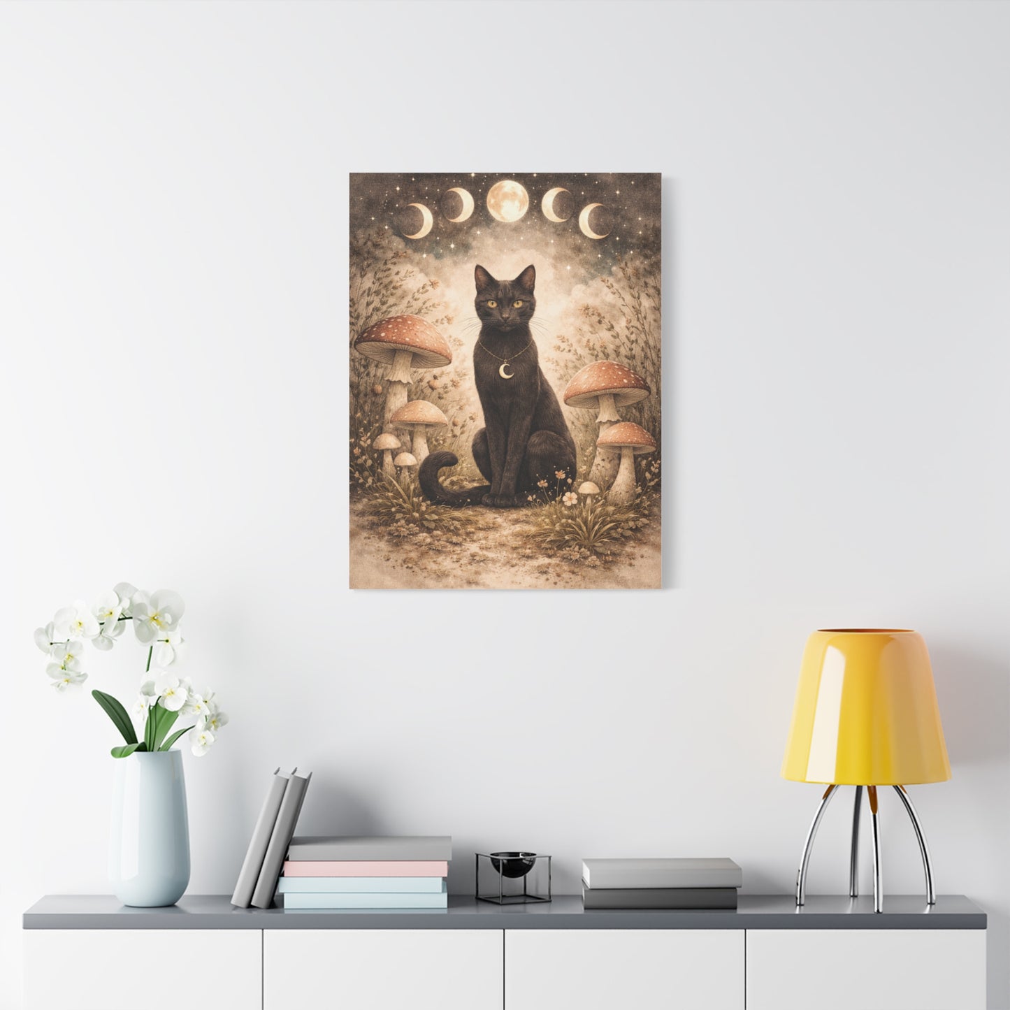 Mystical Boho Black Cat and Mushroom Night Scene Wall Art & Canvas Print