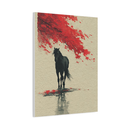 Minimal Horse Silhouette Under Red Maple Wall Art & Canvas Print