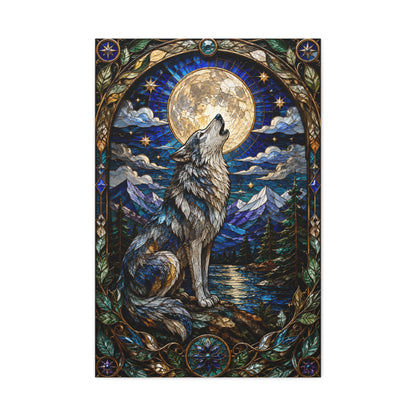 Stained Glass Moonlit Wolf Landscape Wall Art & Canvas Print