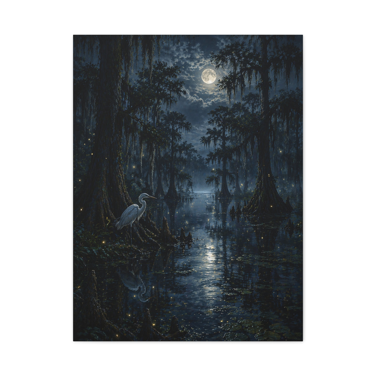 Moonlit Bayou Heron Scene Wall Art & Canvas Print