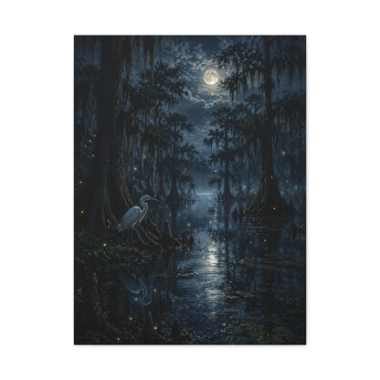 Moonlit Bayou Heron Scene Wall Art & Canvas Print