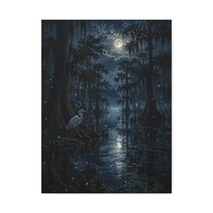 Moonlit Bayou Heron Scene Wall Art & Canvas Print