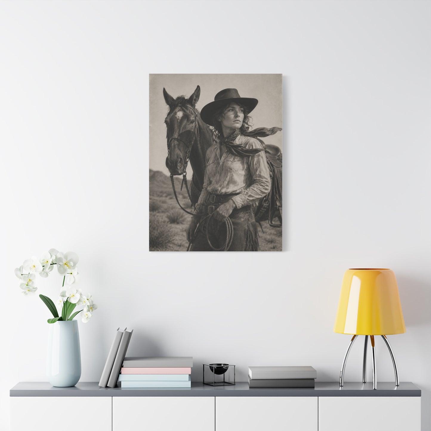 Black & White Cowgirl Portrait with Horse Wall Art & Canvas Print