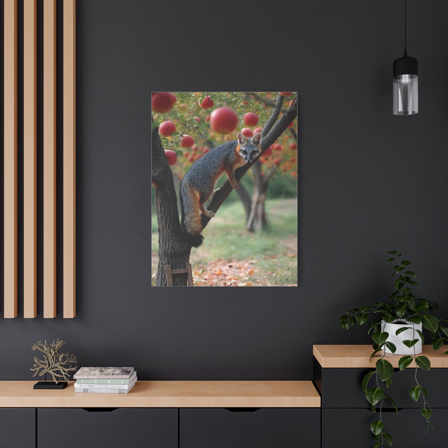 Orchard Gray Fox Climbing Apple Tree Wall Art & Canvas Print