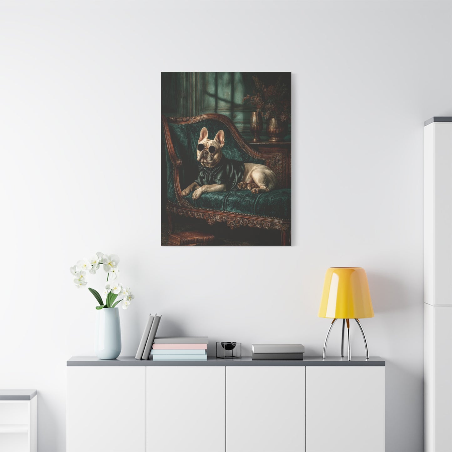 French Bulldog on Emerald Velvet Chaise Wall Art & Canvas Print