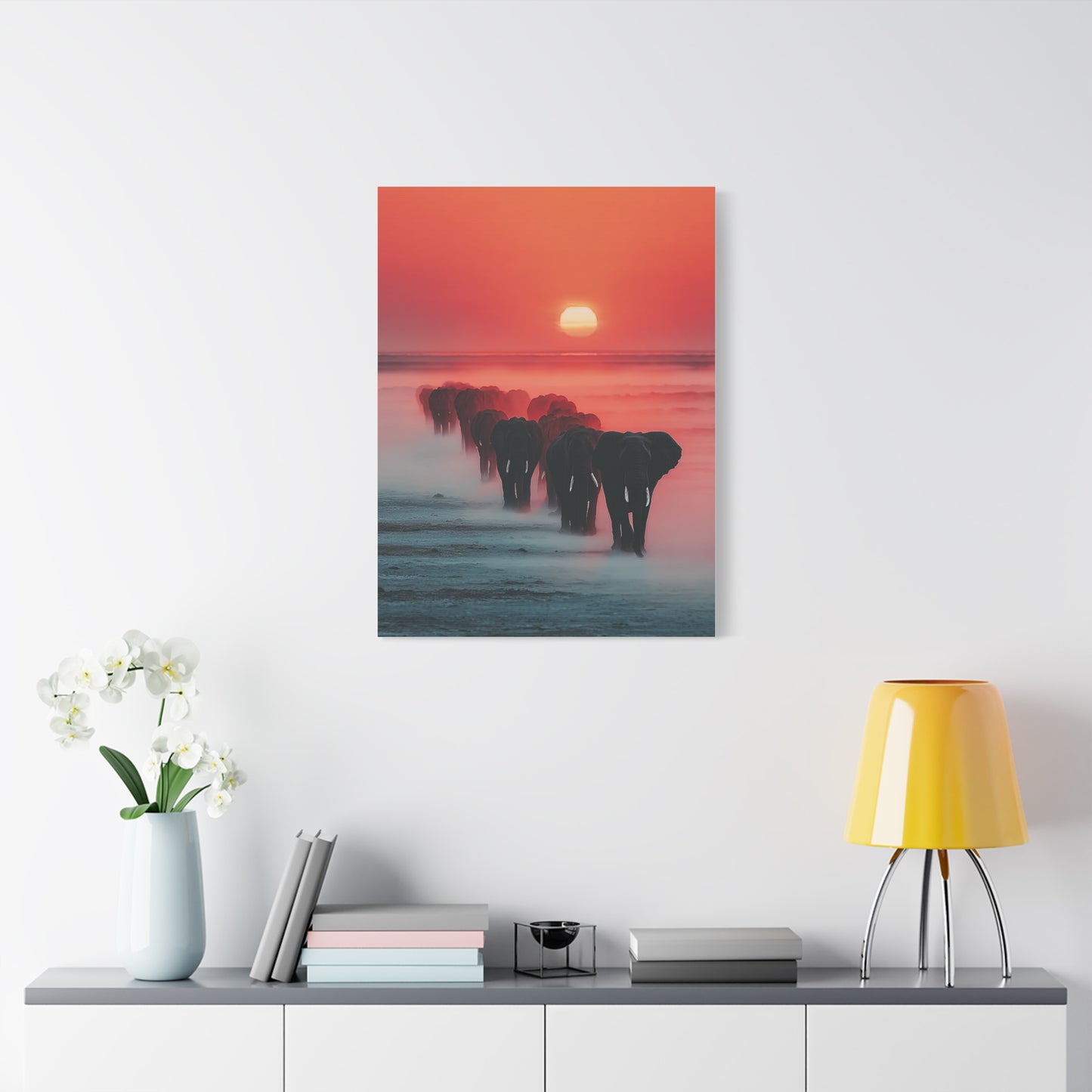 Elephant Herd Sunset Journey Wall Art & Canvas Print