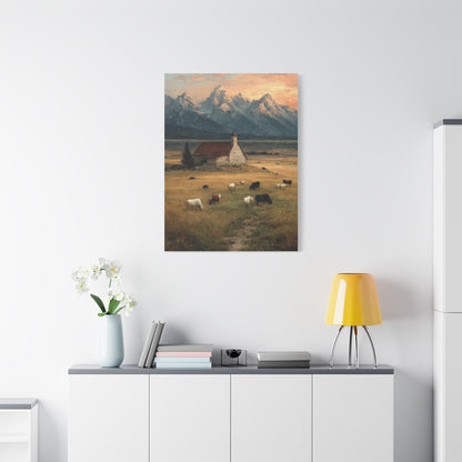 Rustic Mountain Farm Bulls & Cows Painting Wall Art & Canvas Print