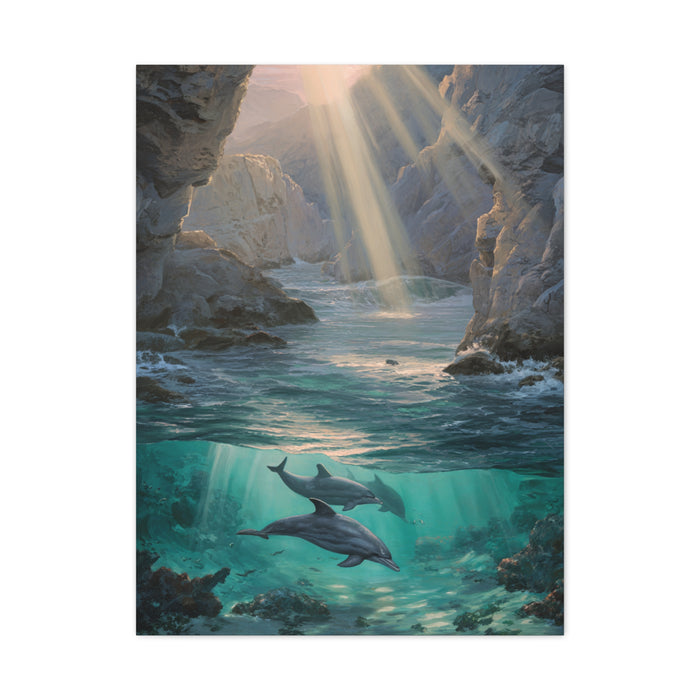 Dolphins Swimming Beneath Sunlit Coastal Waters Wall Art & Canvas Print