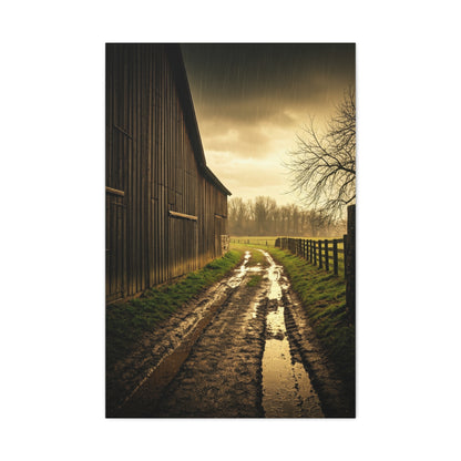 Rain-Soaked Farm Road Beside the Barn Wall Art & Canvas Prints