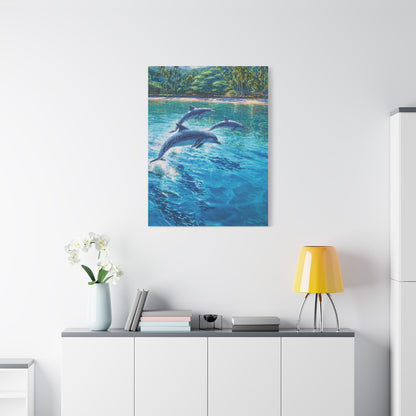 Dolphins Leaping Near Tropical Coastline Wall Art & Canvas Print