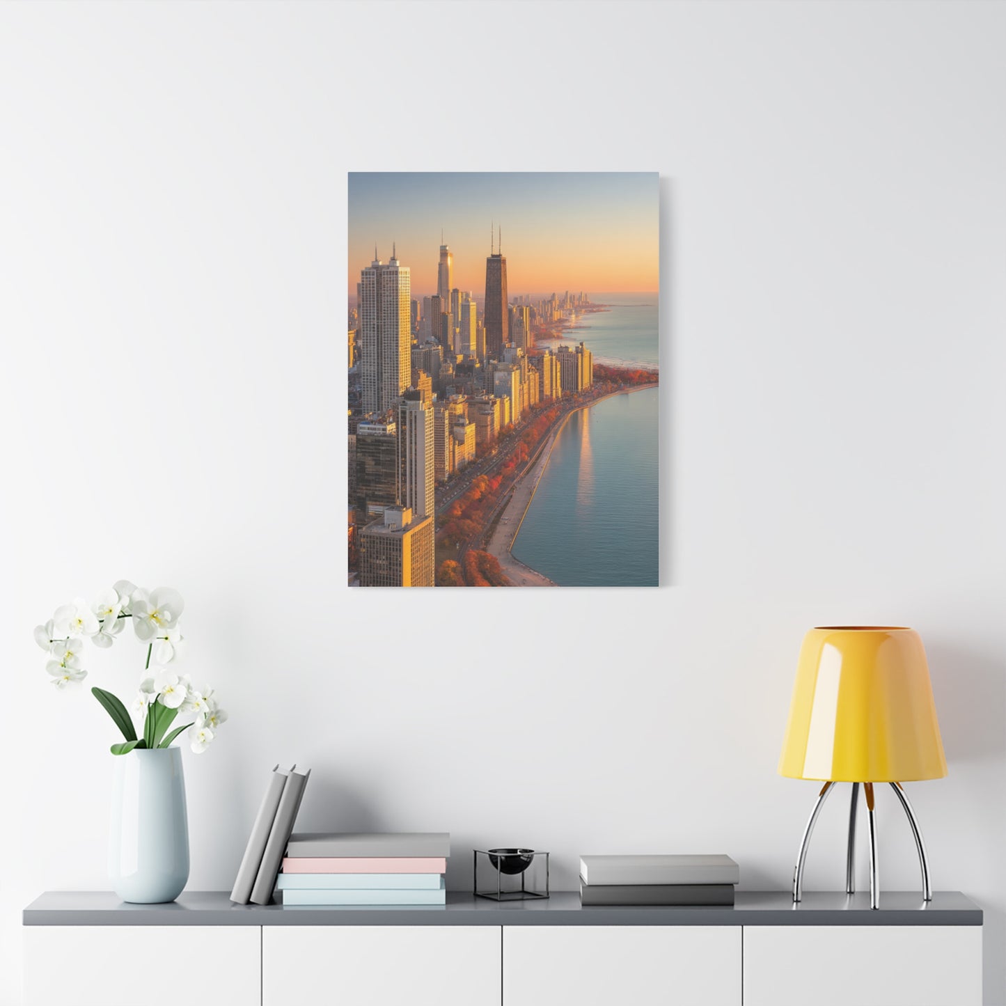 Chicago Skyline Autumn Sunset Along Lake Michigan Wall Art & Canvas Print