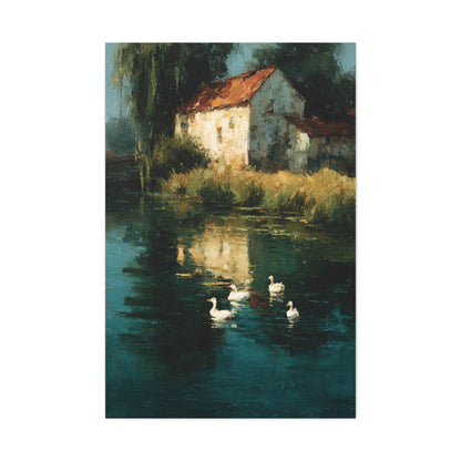 Farmhouse Pond with Ducks Reflection Wall Art & Canvas Print