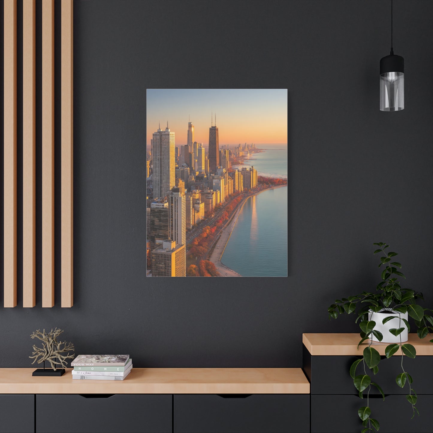 Chicago Skyline Autumn Sunset Along Lake Michigan Wall Art & Canvas Print