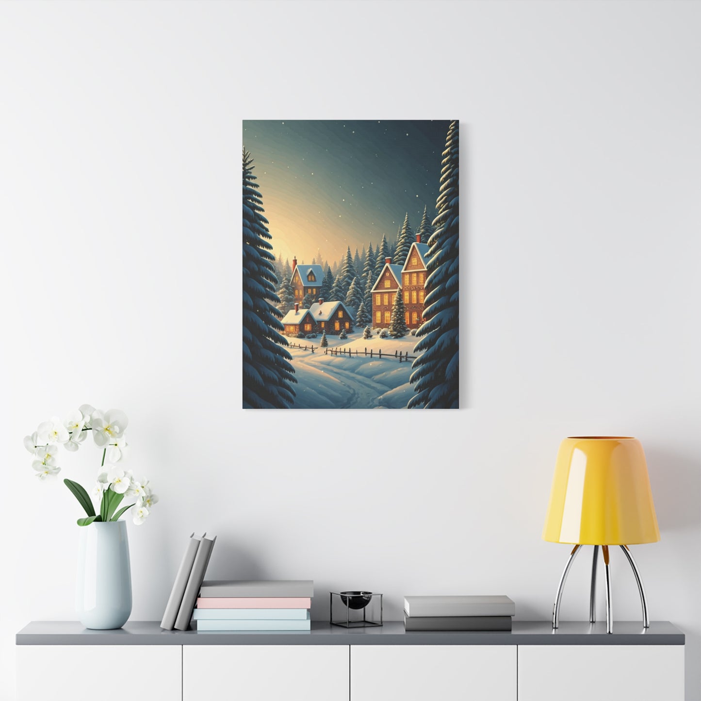 Snowy Christmas Village Under Winter Stars Wall Art & Canvas Print
